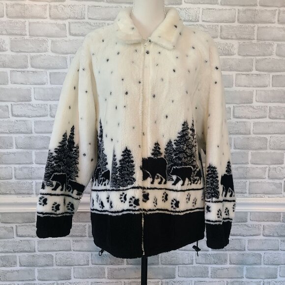 Vintage Andrea Faye Fleece Jacket Fleece Bears Winter Trees Cozy Zippered XXL - Picture 1 of 10